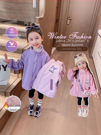 Dvodelni dječji jakni set za djevojčice s karikaturnim uzorkom, kapuljača, fleec podstava, vodootpornost 1500mm, za uzrast 7–12 godina