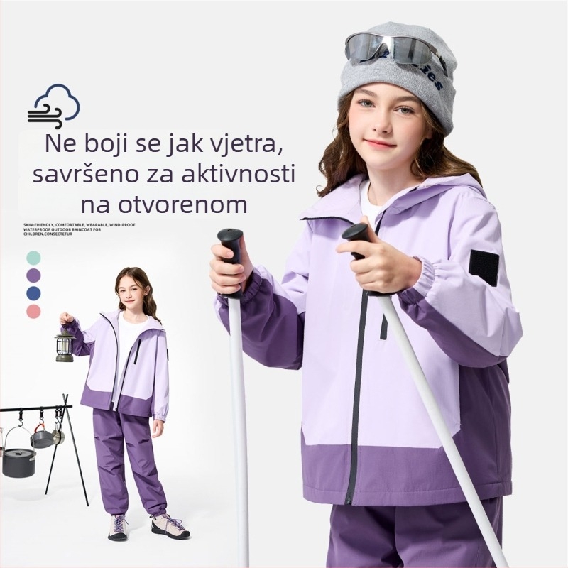 Dječja vanjska jakna s kapuljačom, vodootporna 1000 mm, vjetrovita i topla, 100% poliester