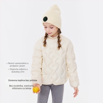 Dječja jakna s perjem, unisex, vanjski materijal od najlona i podstava od najlona, sadržaj perja 86–90% bijelog pačjeg perja, bez kapulje, kratka duljina