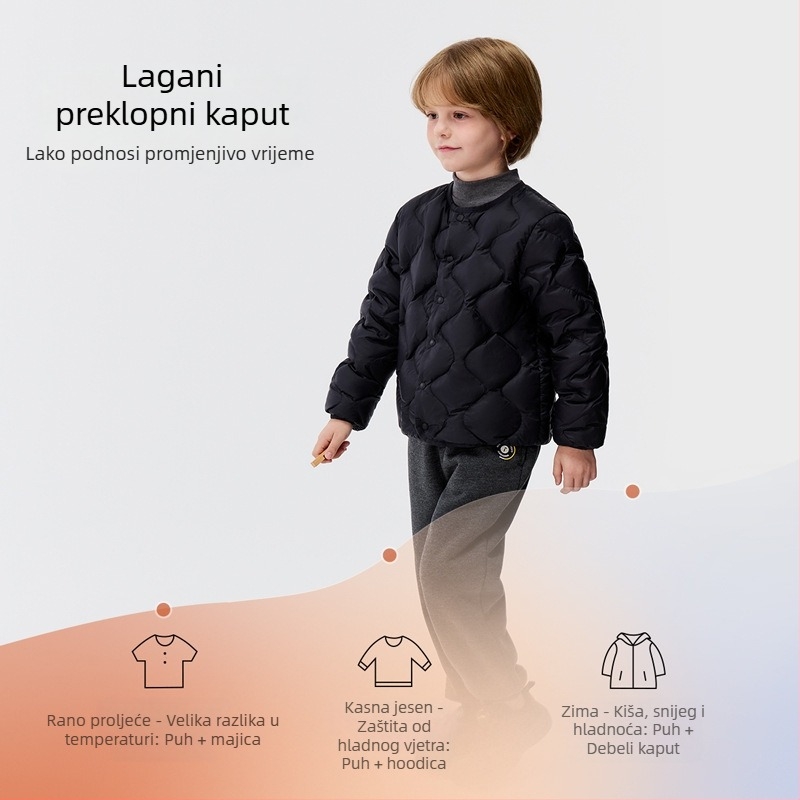 Dječja jakna s perjem, unisex, vanjski materijal od najlona i podstava od najlona, sadržaj perja 86–90% bijelog pačjeg perja, bez kapulje, kratka duljina