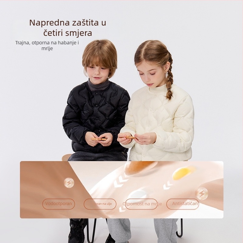 Dječja jakna s perjem, unisex, vanjski materijal od najlona i podstava od najlona, sadržaj perja 86–90% bijelog pačjeg perja, bez kapulje, kratka duljina