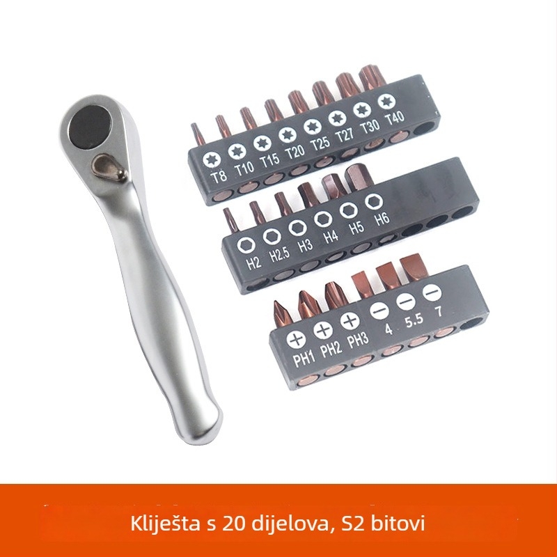 Mini set ručnog ključa s pogonom 1/4'', naprijed/natrag brzo odvijač, Cross, Hex i Torx bitovi, krom-vanadijsko čelika