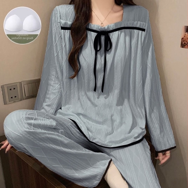 Ženski pyjamski set, jednostavan stil, tkanina od pamuka, izuzetno debela tkanina 501–600 g/m², četvrtasti ovratnik, top bez rukava i hlače
