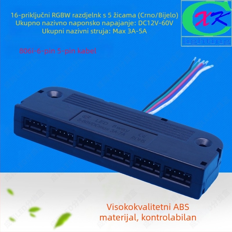 LED RGBW 5-žična kutija za spojnice, 6 priključaka, 5050 LED konektor, ABS kućište, Cheng xiang