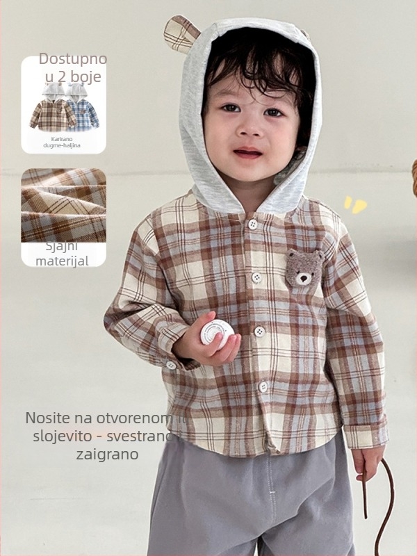 Dječja karirana jakna s kapuljačom, korejski stil, jesenska 2025, kratki kroj, pamuk/poliester 80/20
