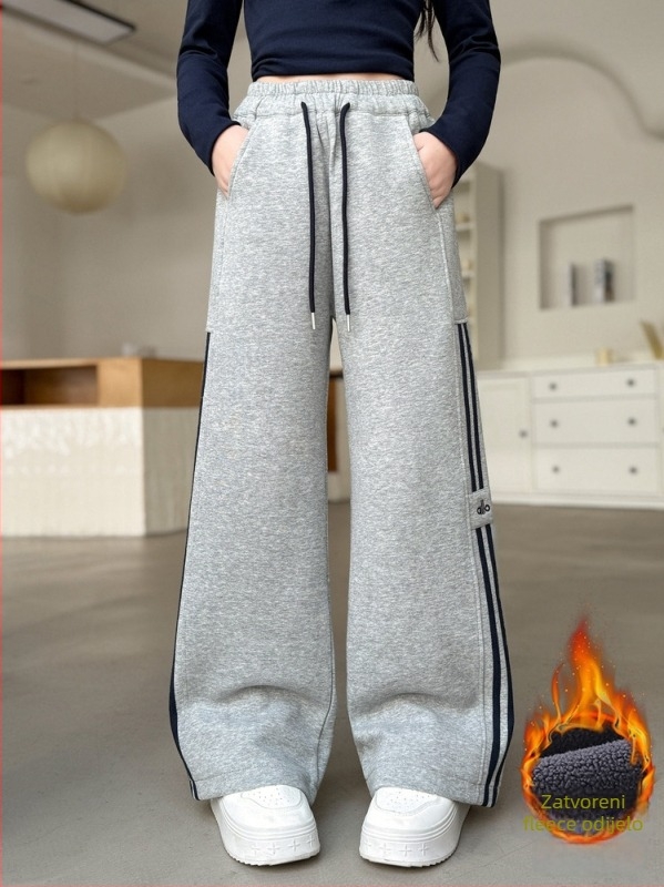 Djevojačke ležerne hlače s fleec podrškom i šnirkom u struku, zimske, visokim strukom, elastični pojas, 60% pamuka, prugaste ili jednobojne, za djecu od 8 godina