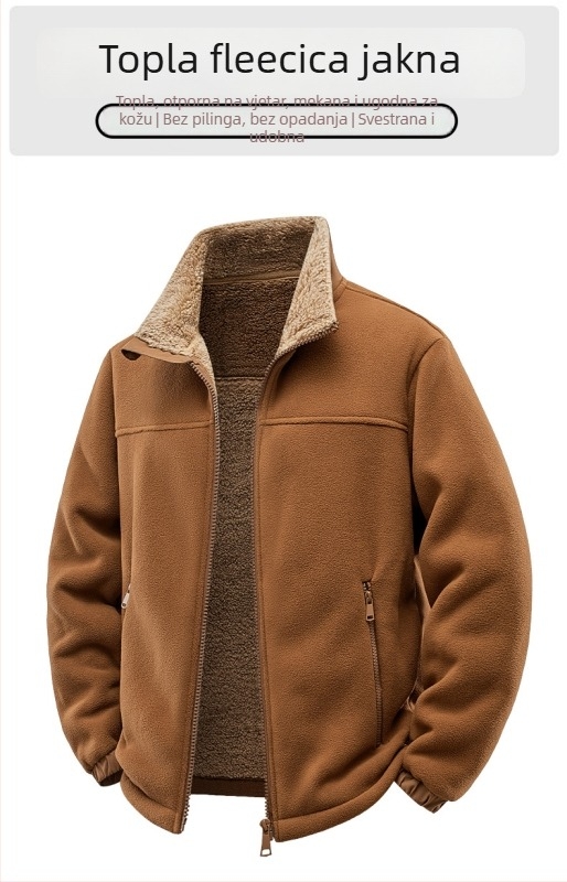 Muška fleece jakna sa stojećim ovratnikom, prednji zip, džepovi sa zipom, corduroy materijal s krznenim zeca 96%+, jednostavna boja, mladenački stil