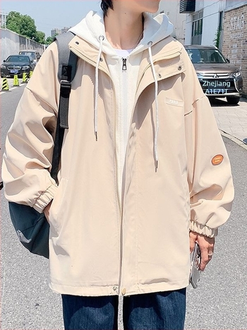 Muška jakna s kapuljom, windbreaker, udoban kroj, proljeće i jesen, jednobojna, izgled dvodijelnog kaputa