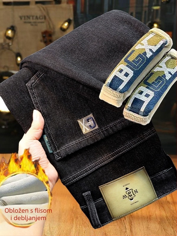 Muške traperice uskog kroja, srednji struk, zip, debela unutarnja podstava od pamuka s elastičnošću, mali uski ravni nogavice