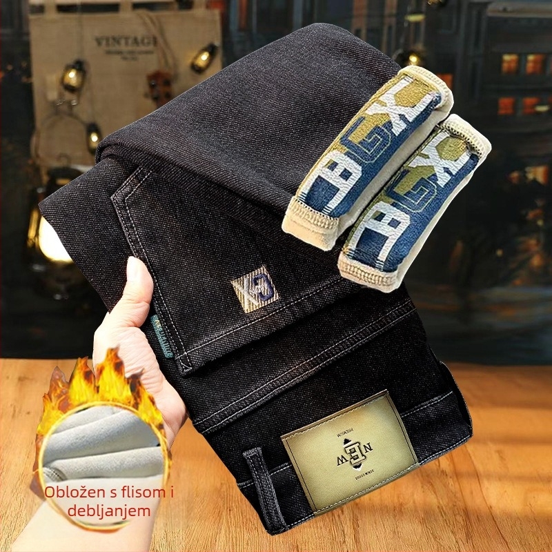 Muške traperice uskog kroja, srednji struk, zip, debela unutarnja podstava od pamuka s elastičnošću, mali uski ravni nogavice