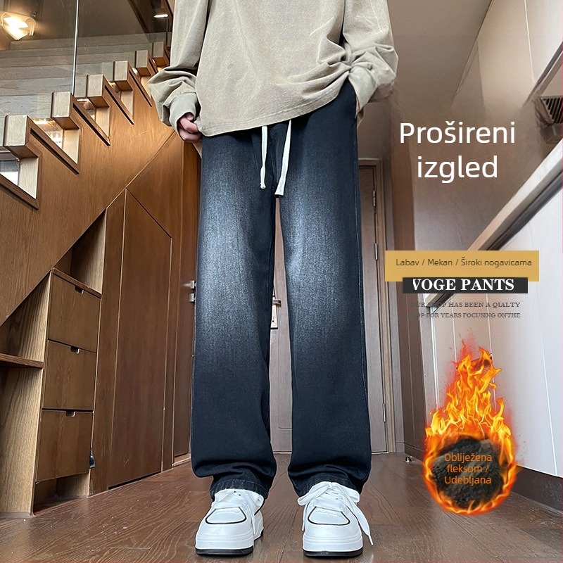 Muške traperice od pamuka s fleece podstavom, ravnog kroja, srednji pojas, vezivanje šnira (pamuk; fleece podstava; ravni kroj; srednji pojas; vezivanje šnira)