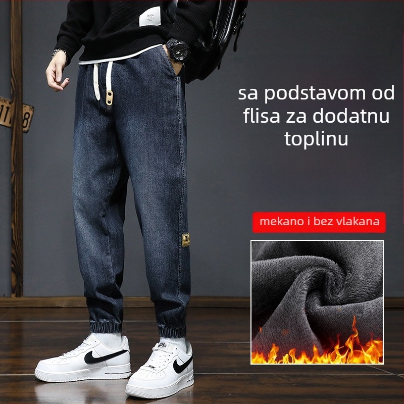 Muške traperice denim s fleece podstavom, opuštenog kroja, srednji struk, zatvaranje vezicama, kameno isprane