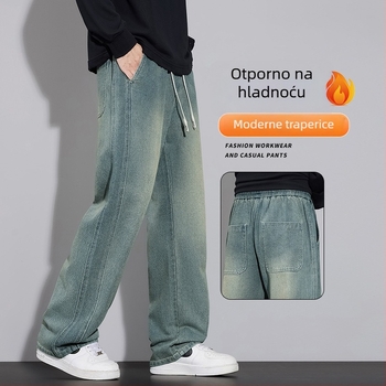 Muške traperice s uzorkom zvjezdanog neba, podstavljene fleeceom, jesen-zima, široke nogavice, ravni kroj