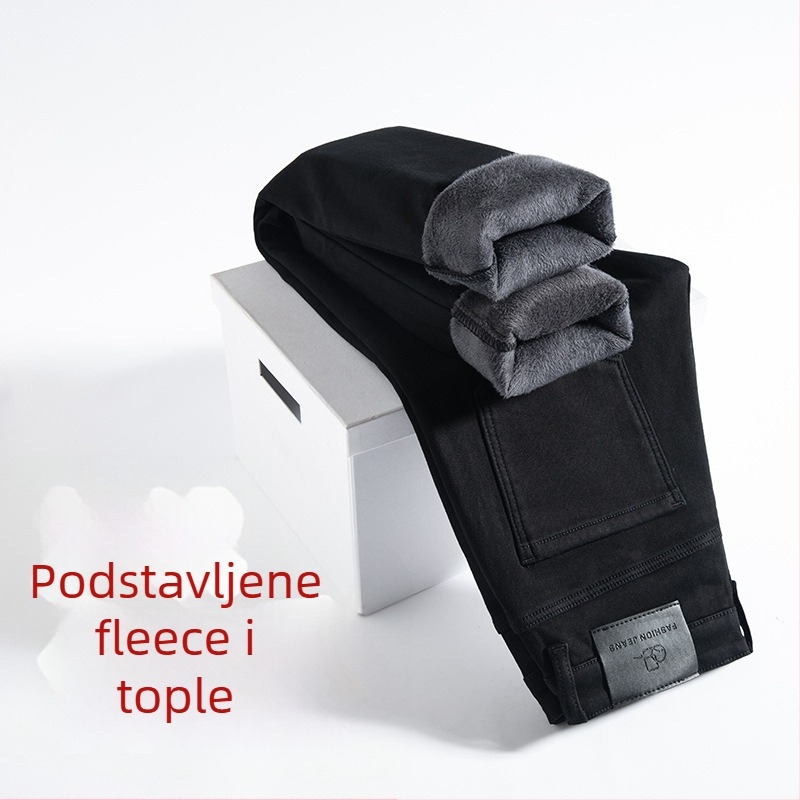 Muške traperice s flis podstavom, uski kroj, srednji pojas, zatvarač, duljina devet desetina