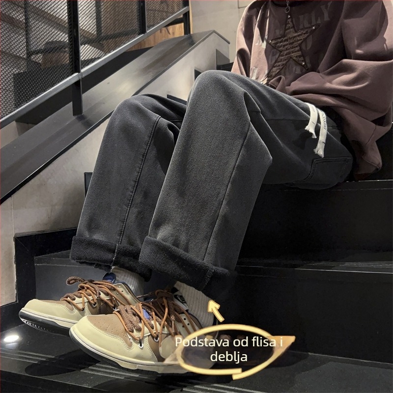 Muške traperice od denima s baršunastim podstavom i fleece unutarnjom oblogom, ravni kroj, srednji pojas, šnura zatvaranje