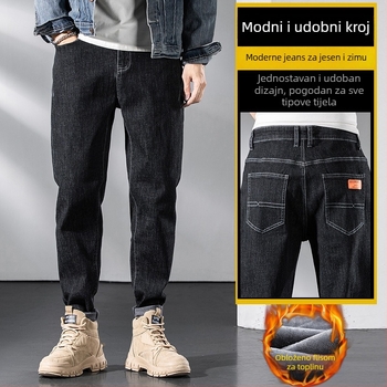 Muške traperice s fleece podstavom, korejskog stila ravnih krojeva, zima, srednji struk, zatvarač