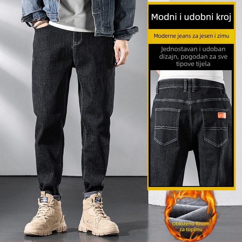 Muške traperice s fleece podstavom, korejskog stila ravnih krojeva, zima, srednji struk, zatvarač