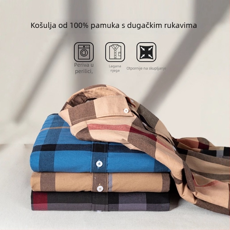 Muška košulja s dugim rukavima, Oxford pamuk 100%, karirani uzorak, četvrtasti ovratnik, otporna na gužvanje