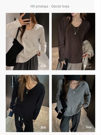Ženski T-shirt s V izrezom, dugi rukavi, udoban kroj, jednobojna boja, debeli baršunasti materijal za jesen-zimu