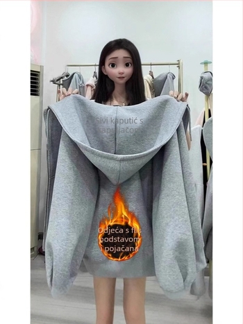 Ženski fleece kardigan s kapuljom i zatvaračem, slobodan kroj, srednja duljina, duga rukava, pamučna tkanina