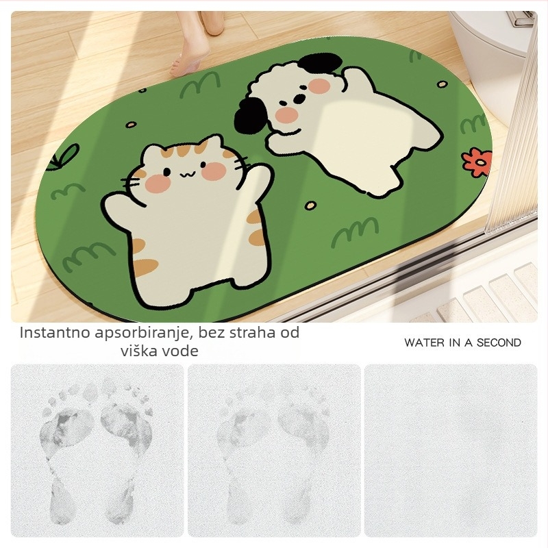 Ovalni kupaonski prostir s motivom crtani životinja, upija vlagu i protuklizan, perivi, materijal: prirodna guma + tehničko platno