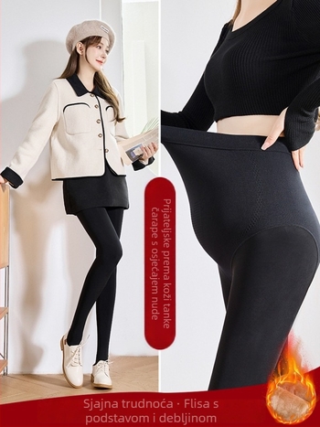 Trudničke tajice s podrškom za trbuh — podstavljene, visoko elastične, zimska verzija, prirodan izgled nogu, Nylon-Spandex smjesa