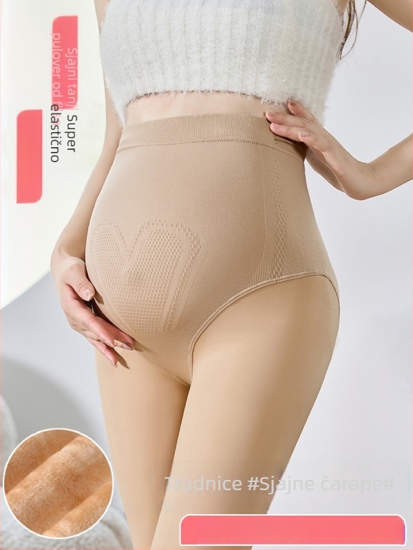 Trudničke tajice s podrškom za trbuh — podstavljene, visoko elastične, zimska verzija, prirodan izgled nogu, Nylon-Spandex smjesa