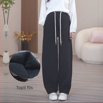 Hlače za trudnoću sa vezanjem u struku, slobodan široki kroj, flis podstava od pamuka i elastina (90–95% pamuk, <30% elastan), zadržavaju toplinu