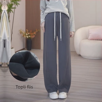 Hlače za trudnoću sa vezanjem u struku, slobodan široki kroj, flis podstava od pamuka i elastina (90–95% pamuk, <30% elastan), zadržavaju toplinu