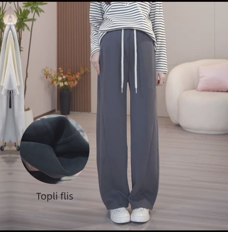Hlače za trudnoću sa vezanjem u struku, slobodan široki kroj, flis podstava od pamuka i elastina (90–95% pamuk, <30% elastan), zadržavaju toplinu