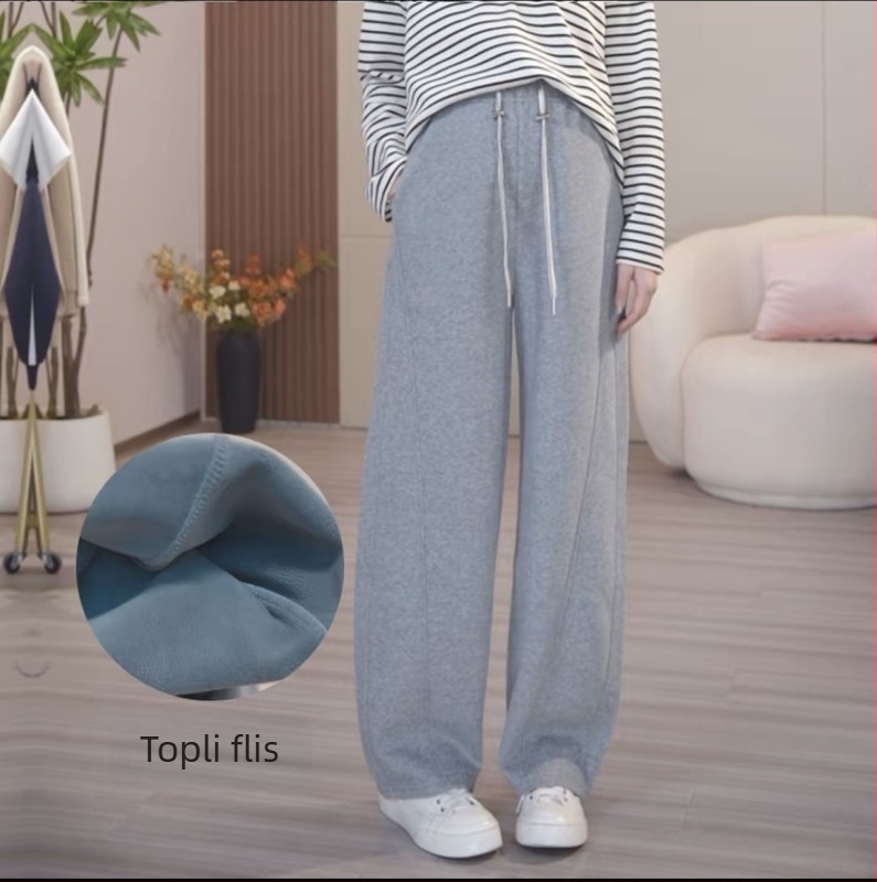 Hlače za trudnoću sa vezanjem u struku, slobodan široki kroj, flis podstava od pamuka i elastina (90–95% pamuk, <30% elastan), zadržavaju toplinu