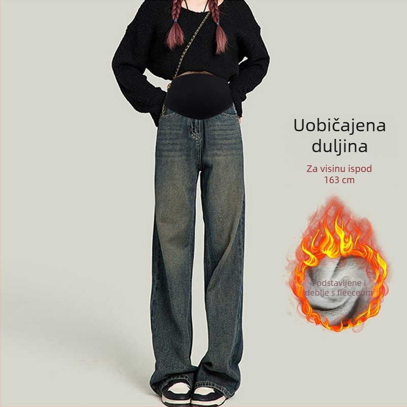 Trudničke traperice od denima s flis podstavom, potpuno duge, podrška trbuhu