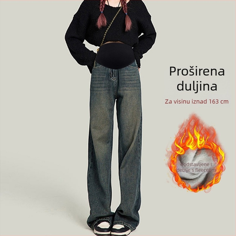 Trudničke traperice od denima s flis podstavom, potpuno duge, podrška trbuhu