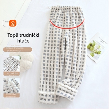 Pantalone za spavanje za trudnice od coral fleece, visokim strukom, podesive, duge, zimske