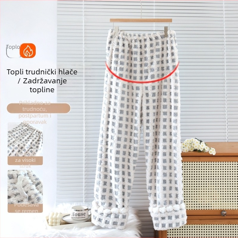 Pantalone za spavanje za trudnice od coral fleece, visokim strukom, podesive, duge, zimske
