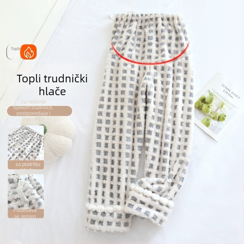 Pantalone za spavanje za trudnice od coral fleece, visokim strukom, podesive, duge, zimske