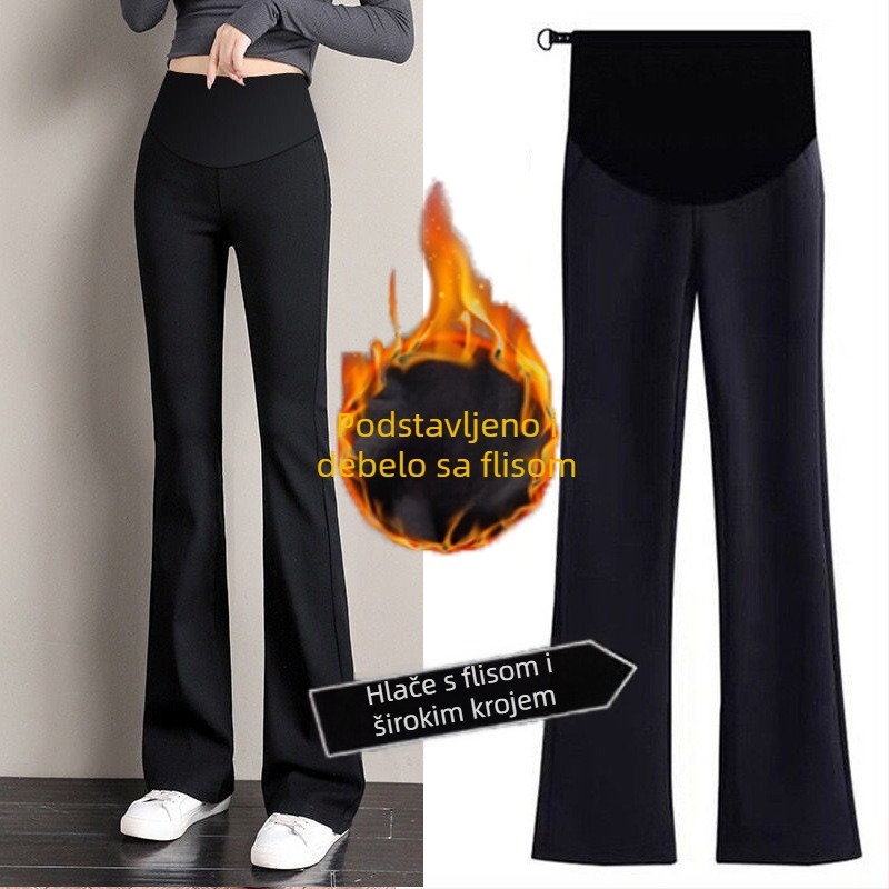 Trudničke hlače s flisom, debele, podrška trbuha, slobodan kroj, široke nogavice, pamuk-poliester (50-70%), spandeks, jesen-zima 2025