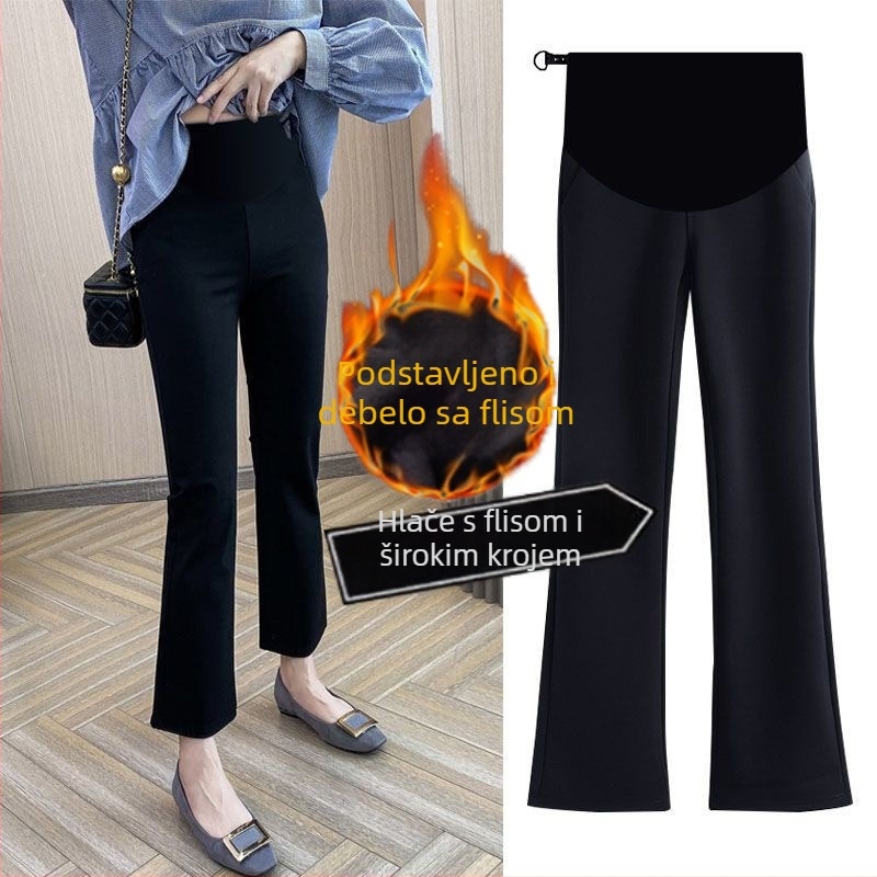 Trudničke hlače s flisom, debele, podrška trbuha, slobodan kroj, široke nogavice, pamuk-poliester (50-70%), spandeks, jesen-zima 2025