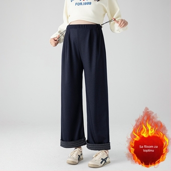 Hlače za trudnice, s flis unutarnjom toplinom, tkanina imitacija denima, široke nogavice, slobodan kroj, duge hlače