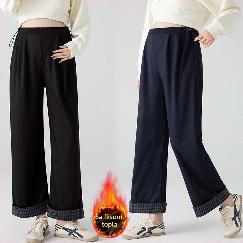 Hlače za trudnice, s flis unutarnjom toplinom, tkanina imitacija denima, široke nogavice, slobodan kroj, duge hlače