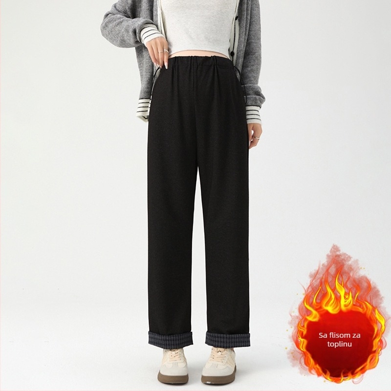 Hlače za trudnice, s flis unutarnjom toplinom, tkanina imitacija denima, široke nogavice, slobodan kroj, duge hlače
