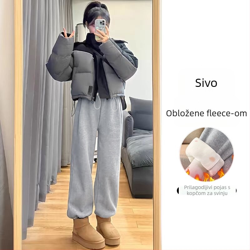 Trudničke široke hlače s flis podstavom, debeli, visoki struk, pamuk-poliester smjesa, podrška trbuha, model 2025