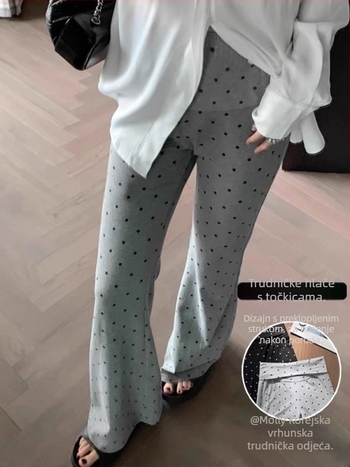 Hlače za trudnice s točkicama, flis podstava, visokim strukom, širokim krojem, poliester