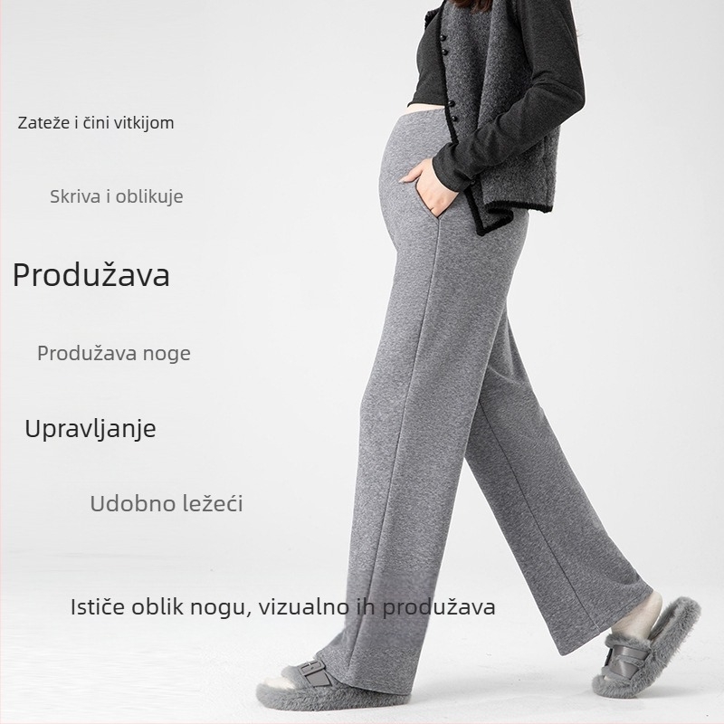 Trudničke hlače, debele s flisom, opušten kroj, široke nogavice, poliester-bavna s elastanom, džepovi, jesen 2025