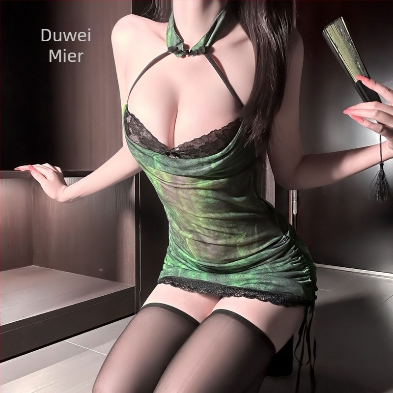 Set seksi rublje za igranje uloga, čeongsam stil, prozirna mreža, halterneck, prilagođen bokovima, poliester