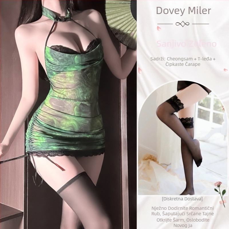 Set seksi rublje za igranje uloga, čeongsam stil, prozirna mreža, halterneck, prilagođen bokovima, poliester