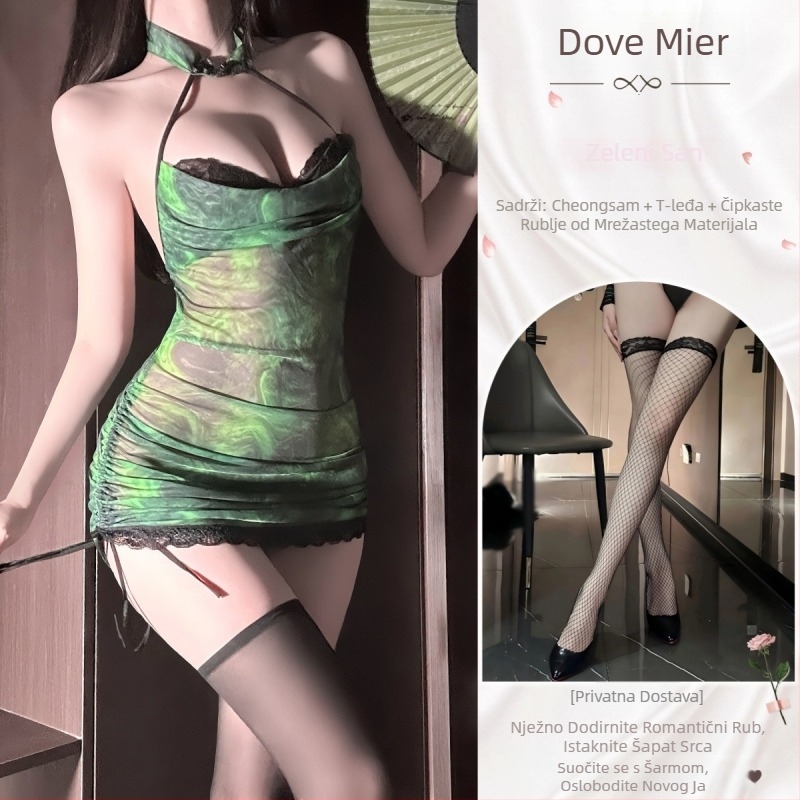 Set seksi rublje za igranje uloga, čeongsam stil, prozirna mreža, halterneck, prilagođen bokovima, poliester