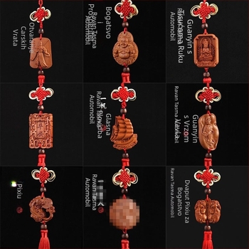 Drveni auto privjesak od drveta breskve s Pixiu, Guan Gong i Guanyin — tradicionalni kineski stil, unutarnja dekoracija auta