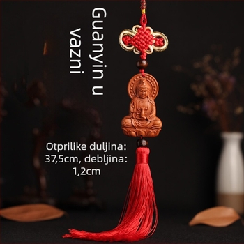 Drveni auto privjesak od drveta breskve s Pixiu, Guan Gong i Guanyin — tradicionalni kineski stil, unutarnja dekoracija auta