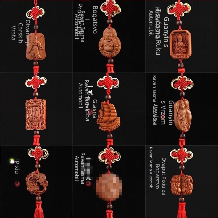 Drveni auto privjesak od drveta breskve s Pixiu, Guan Gong i Guanyin — tradicionalni kineski stil, unutarnja dekoracija auta